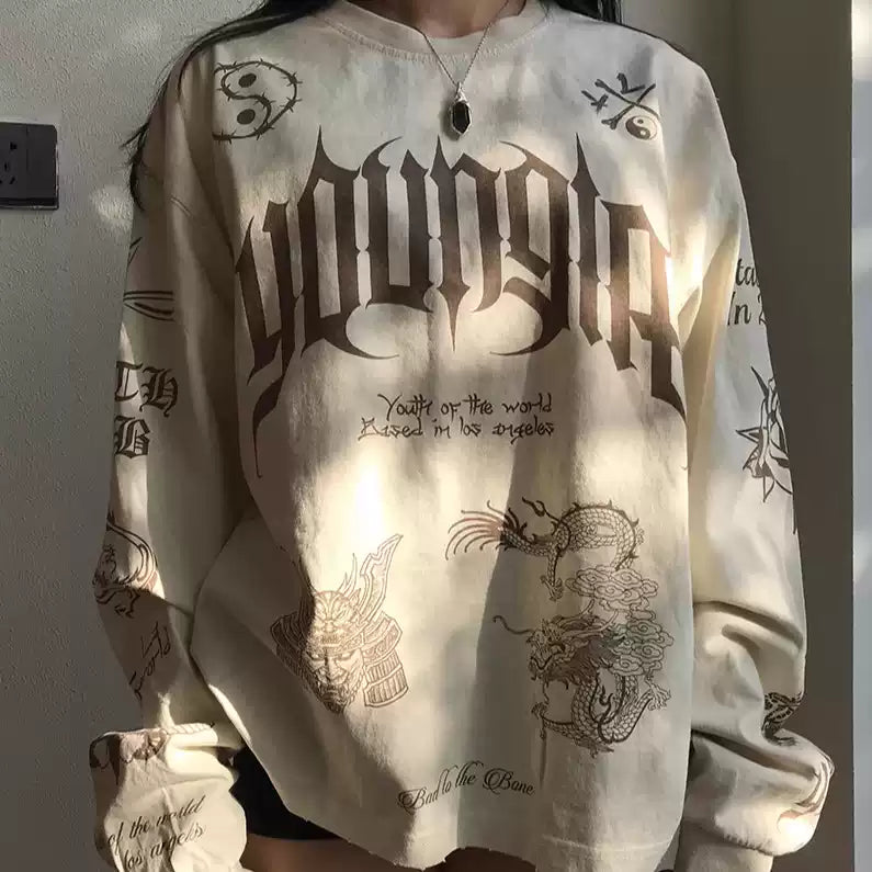 Five Cotton Printed Sports Leisure Fitness Long Sleeve Top