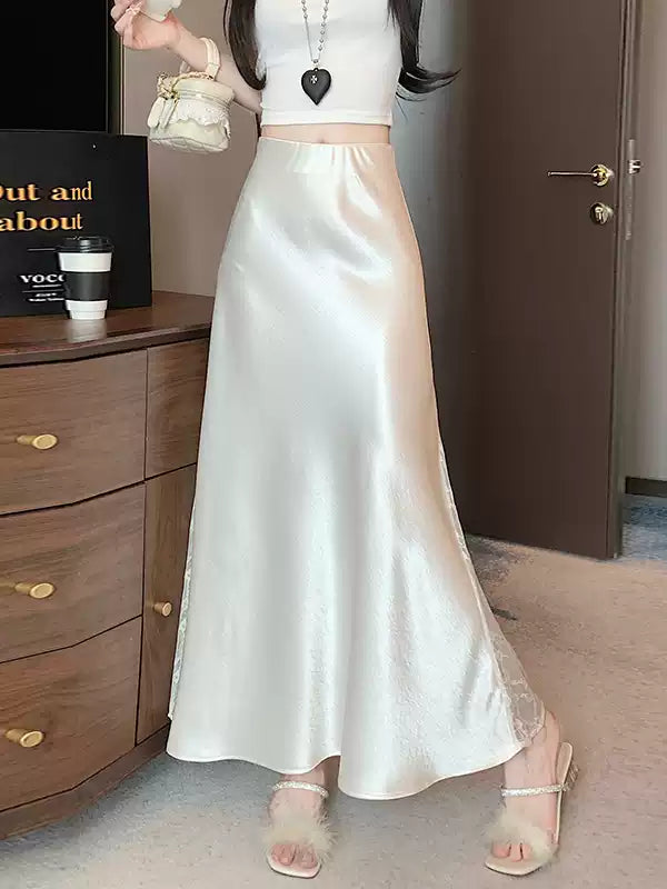 Acetate satin mermaid skirt skirt women's new high-waisted slim hip skirt lace spliced long skirt