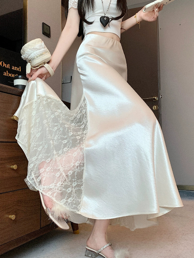 Acetate satin mermaid skirt skirt women's new high-waisted slim hip skirt lace spliced long skirt