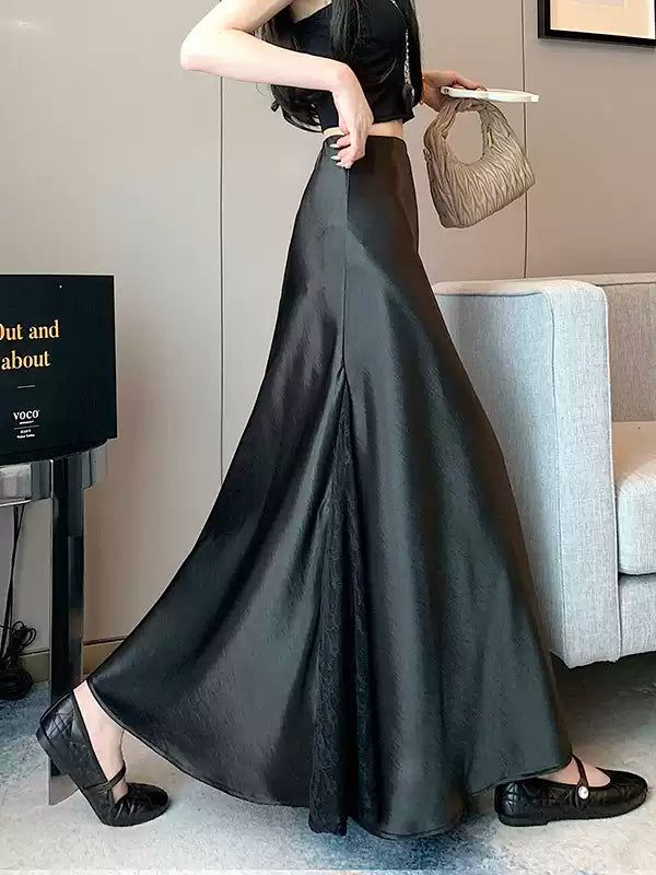 Acetate satin mermaid skirt skirt women's new high-waisted slim hip skirt lace spliced long skirt